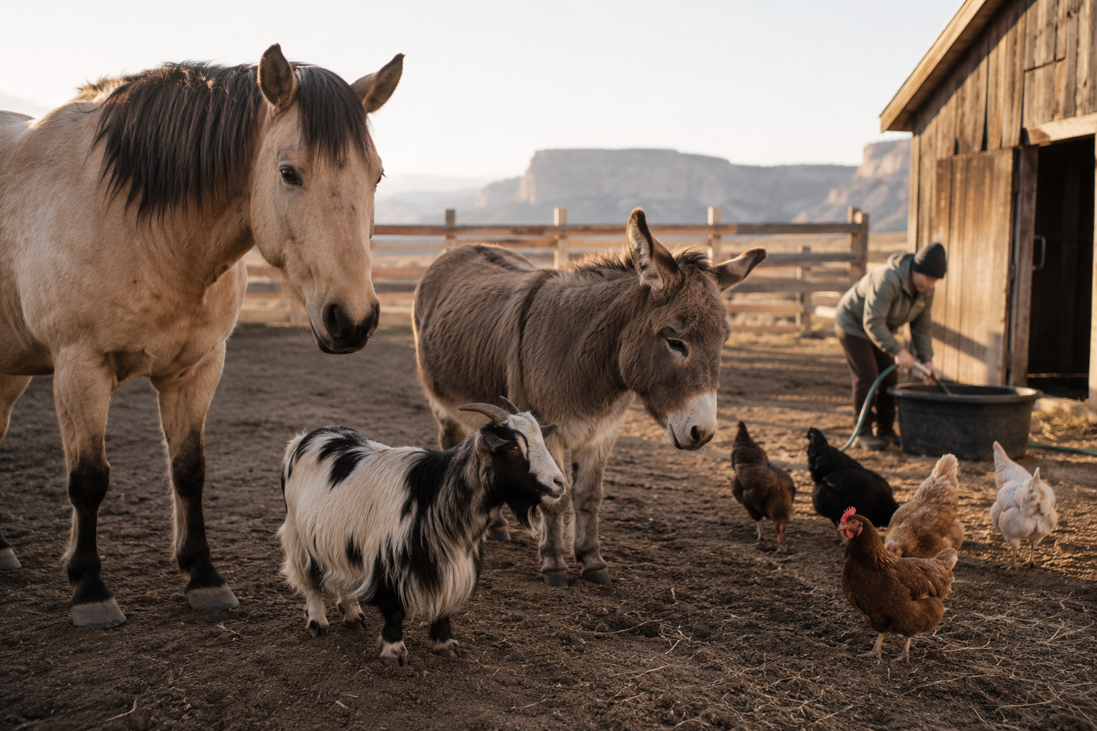 Horse, donkey, goats, and poultry at a Western animal sanctuary