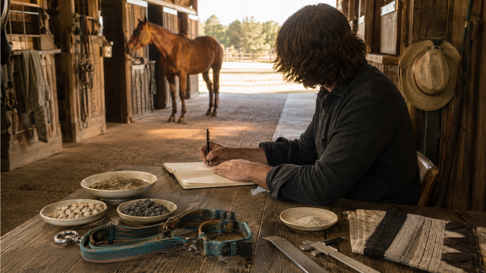 Horse-care product development notes and material samples at a working barn