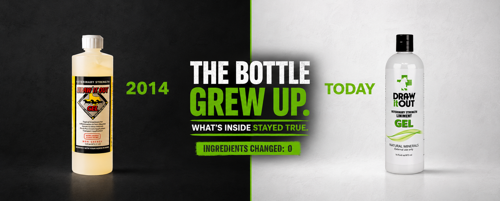 Original 2014 Draw It Out liniment bottle beside the current bottle with the bottle grew up and ingredients changed zero