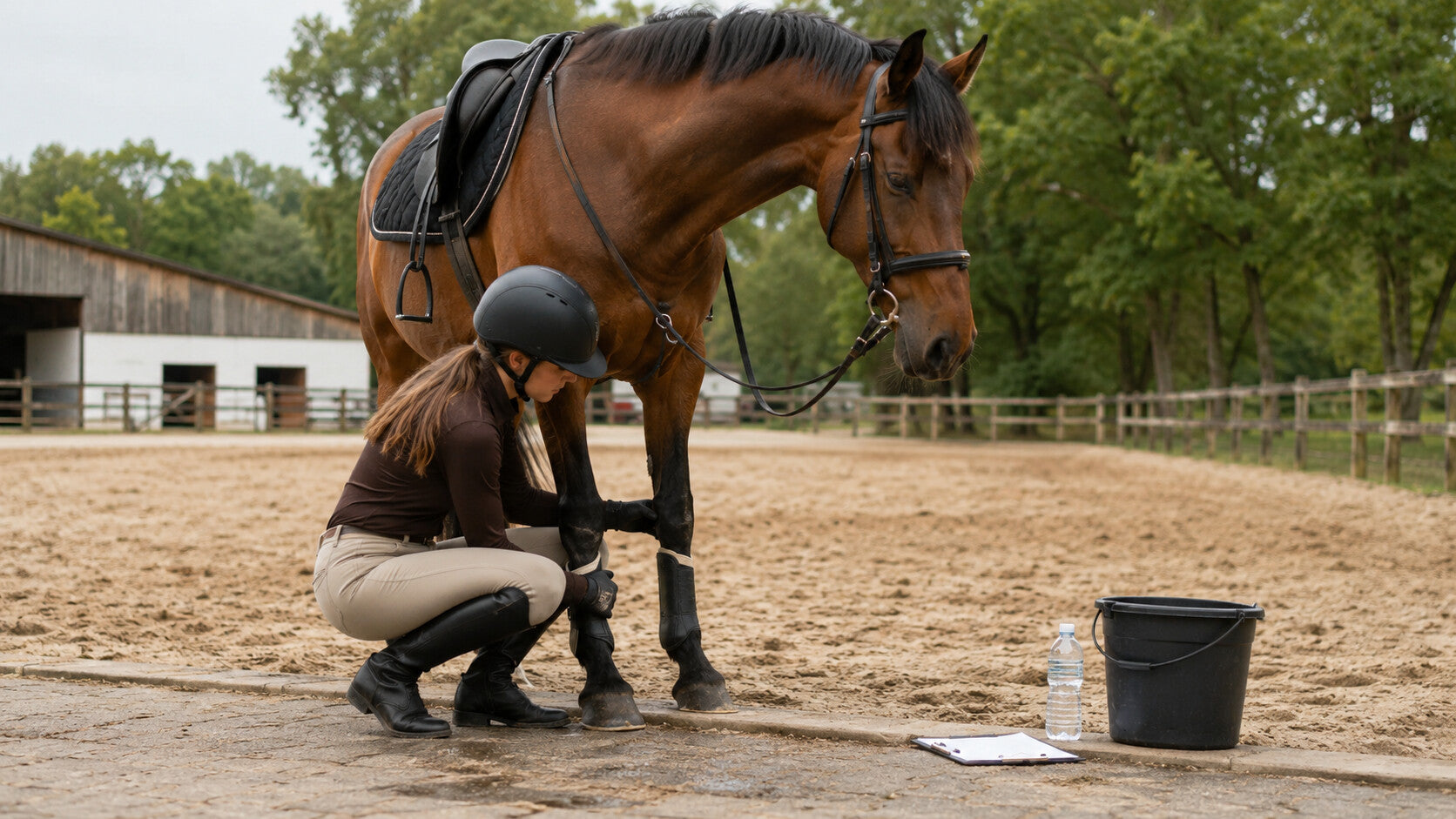 Rider completing a pre-ride horse check beside a quiet arena