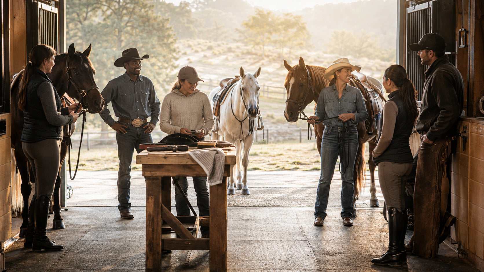 English and western riders sharing horse-care routines in a barn