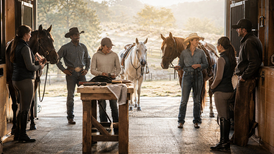 English and western riders sharing horse-care routines in a barn