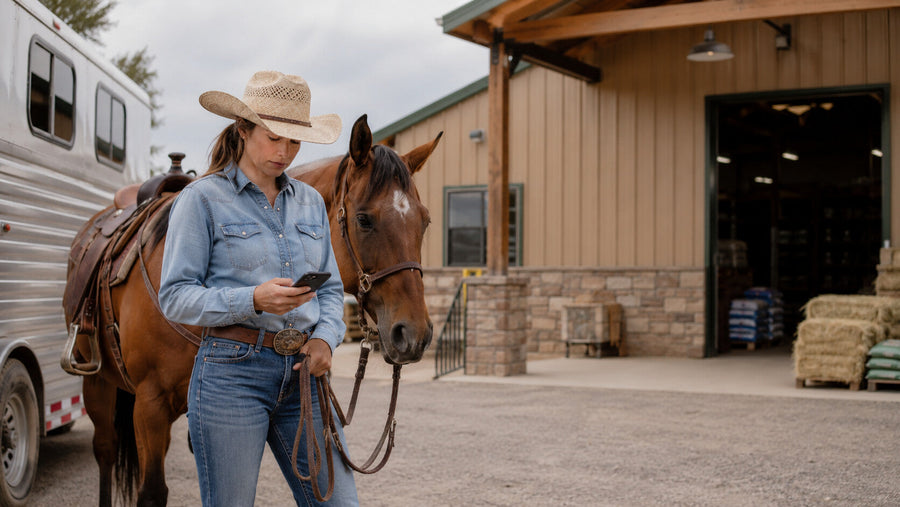 Rider checking horse-care availability on a phone outside a feed store
