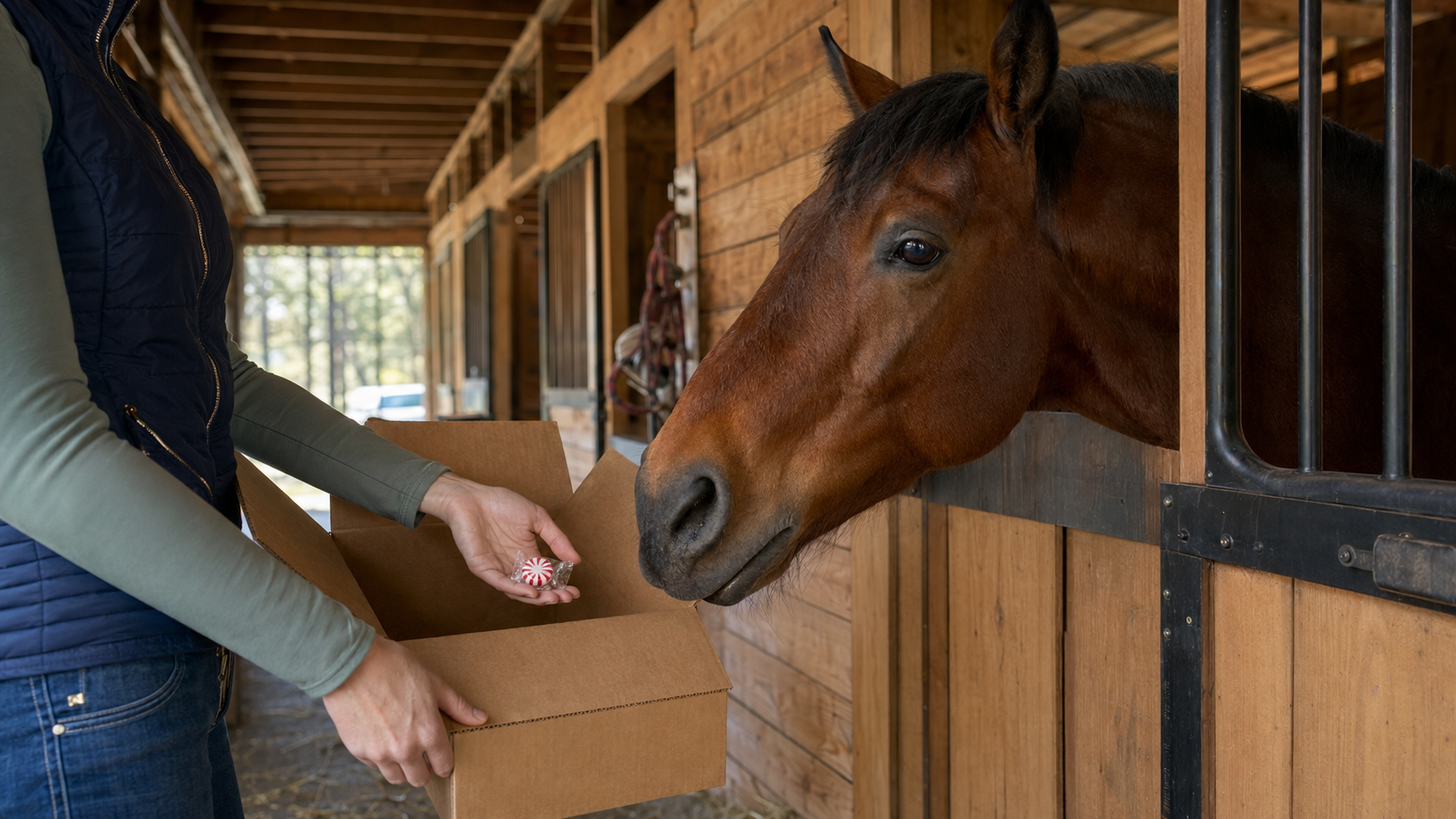 Bay horse investigating an open shipping box while a rider offers a wrapped peppermint