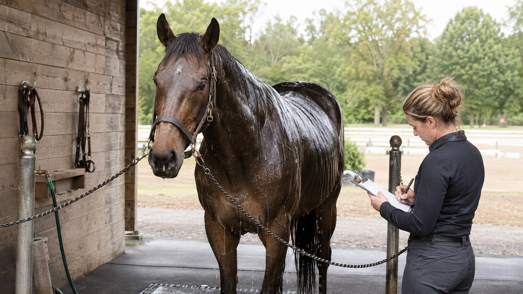 Trainer recording post-work horse observations on a clipboard