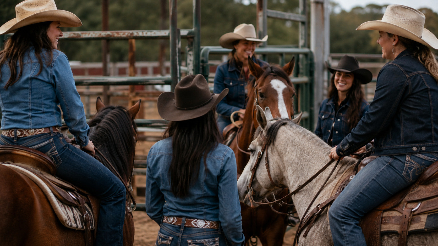 Women rodeo riders gathering with their horses at an arena gate