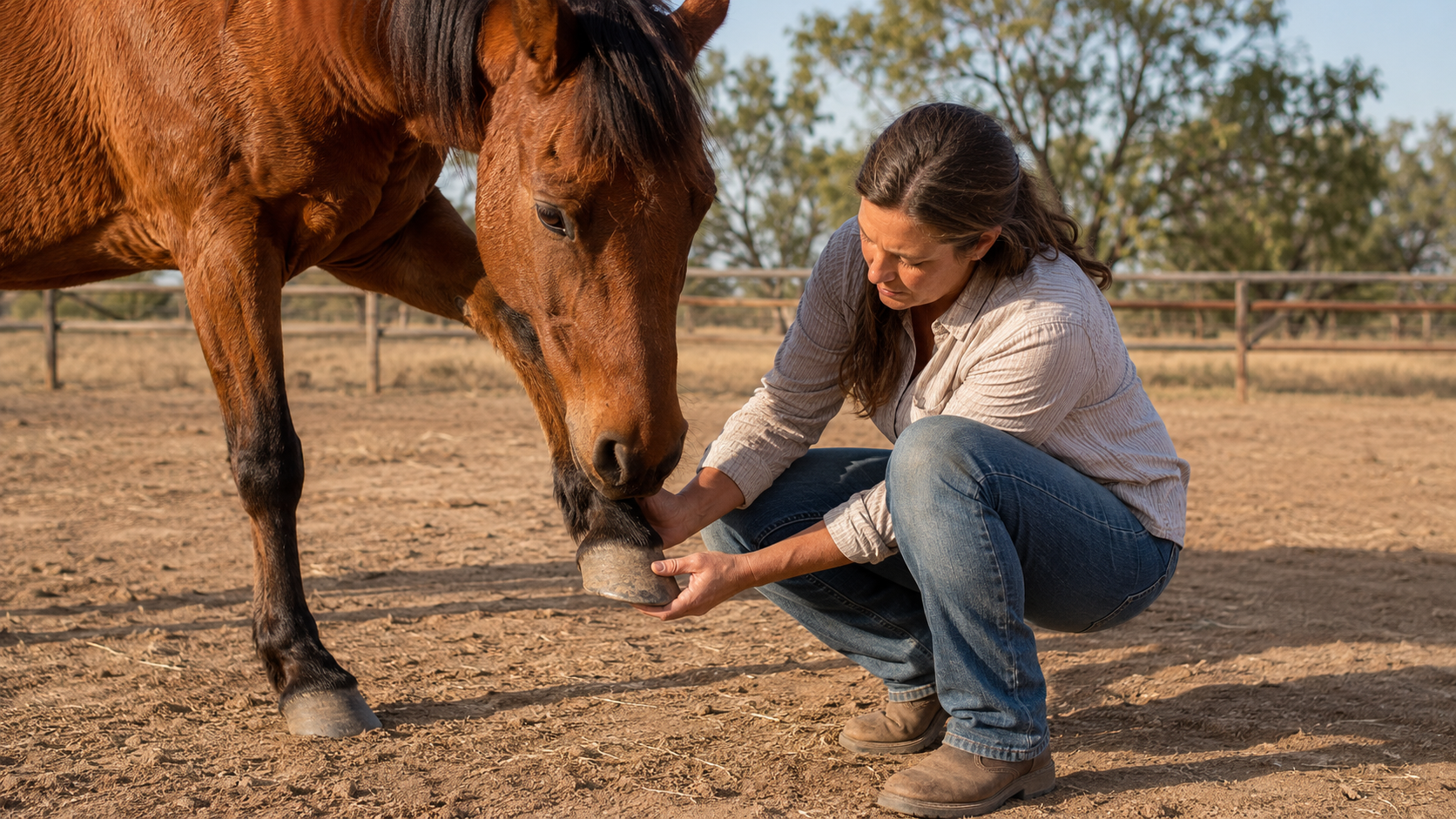 Owner checking a dry, lightly chipped horse hoof in a summer paddock