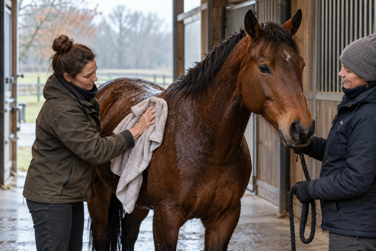 Rider towel drying a bay horse’s winter coat in a sheltered barn aisle