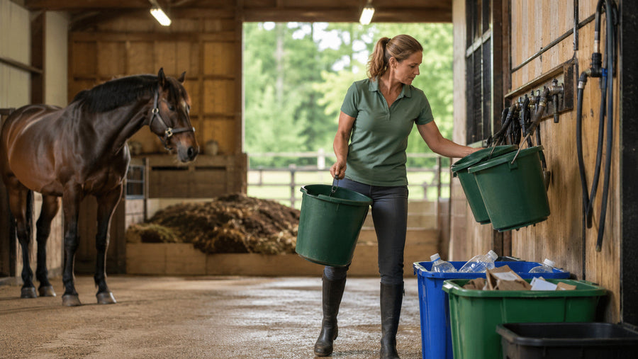 Horse owner sorting barn waste as part of an eco-friendly horse barn routine