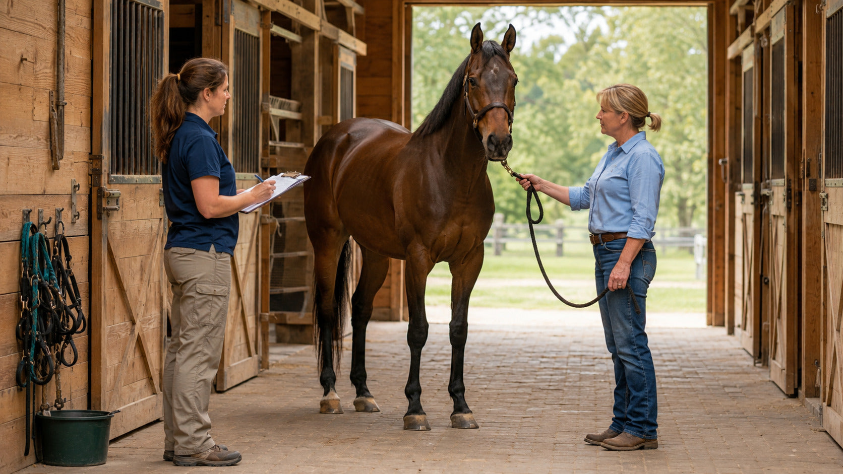 Veterinarian and horse owner observing a horse during a neurologic gait check