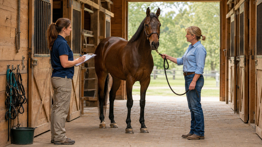 Veterinarian and horse owner observing a horse during a neurologic gait check