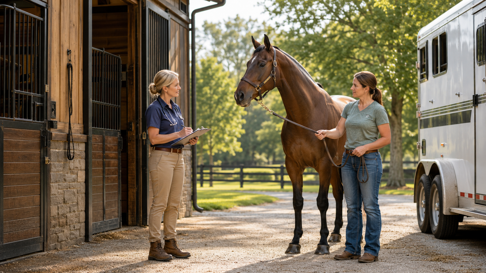 Horse owner and veterinarian reviewing health paperwork beside a horse