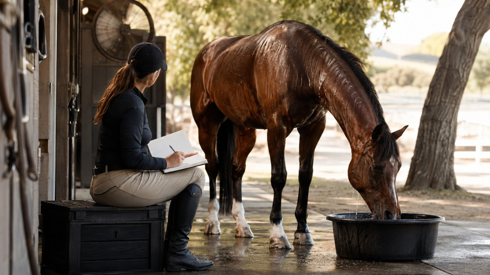 Horse cooling after work while an owner records sweat water and recovery