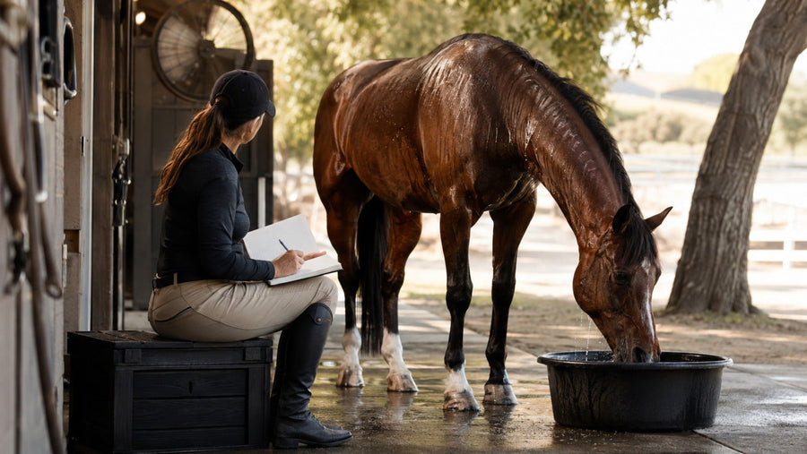 Horse cooling after work while an owner records sweat water and recovery