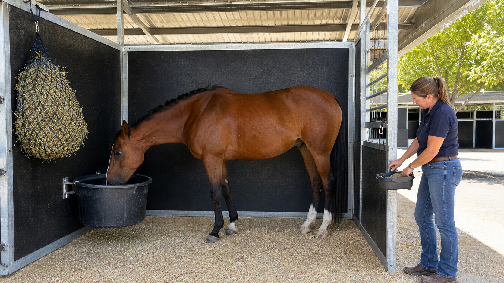 Horse drinking beside hay while an owner monitors a show-stall routine