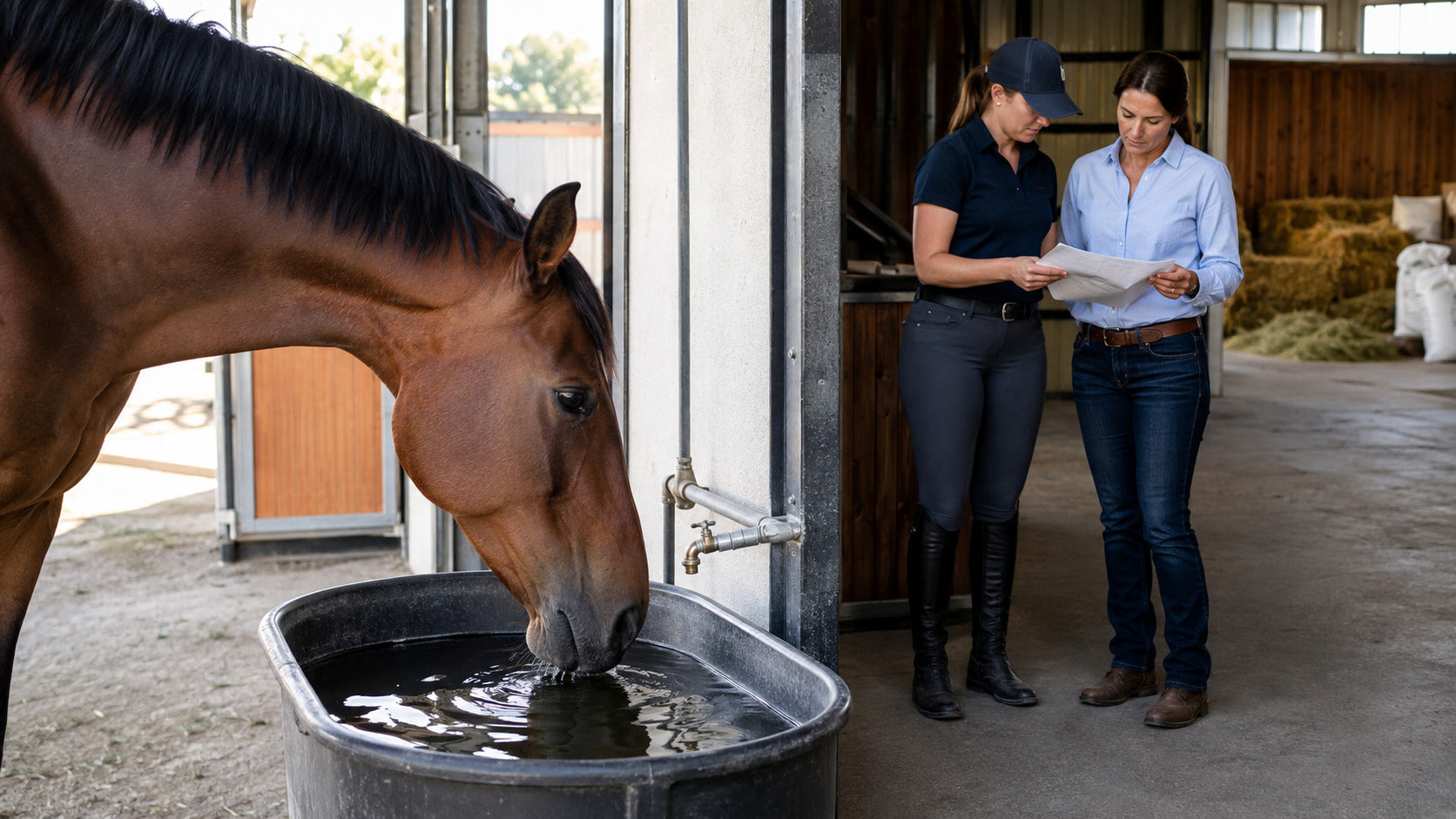 Horse drinking clean water beside an owner reviewing a feeding plan