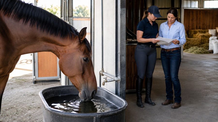 Horse drinking clean water beside an owner reviewing a feeding plan