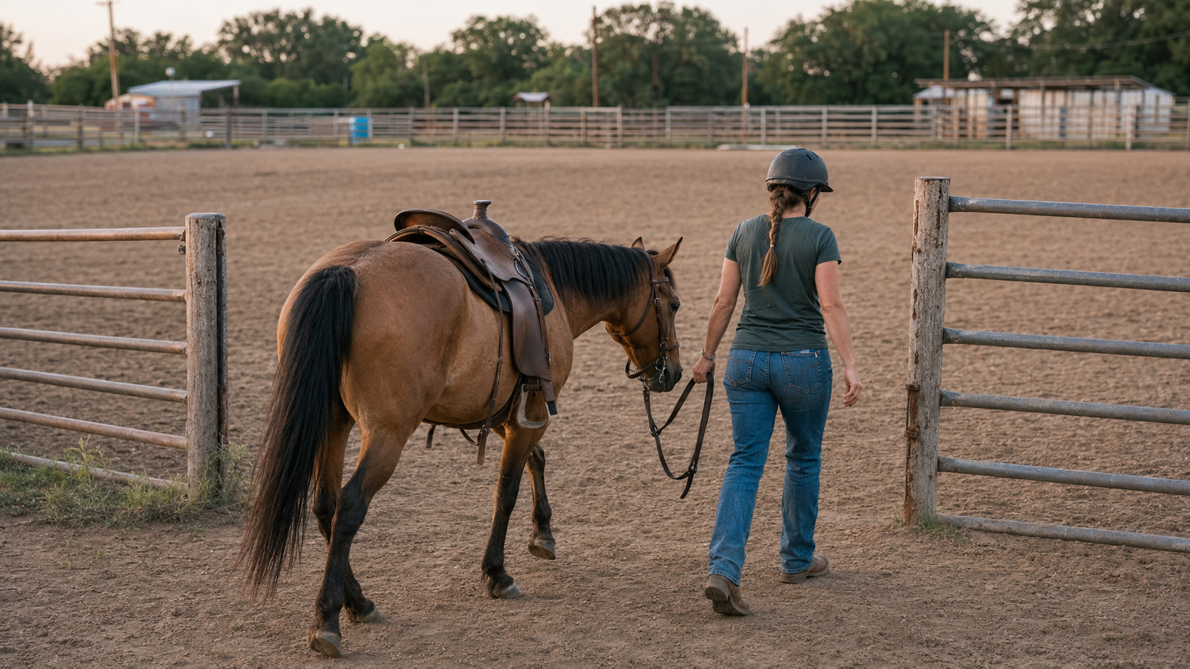 Rider walking a horse out of the arena after ending the ride early