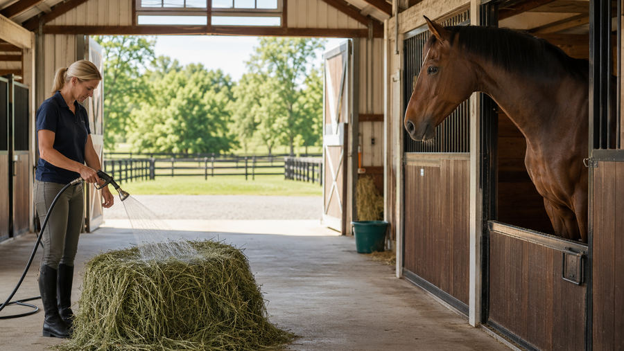 Horse owner wetting hay in a bright, well-ventilated barn aisle