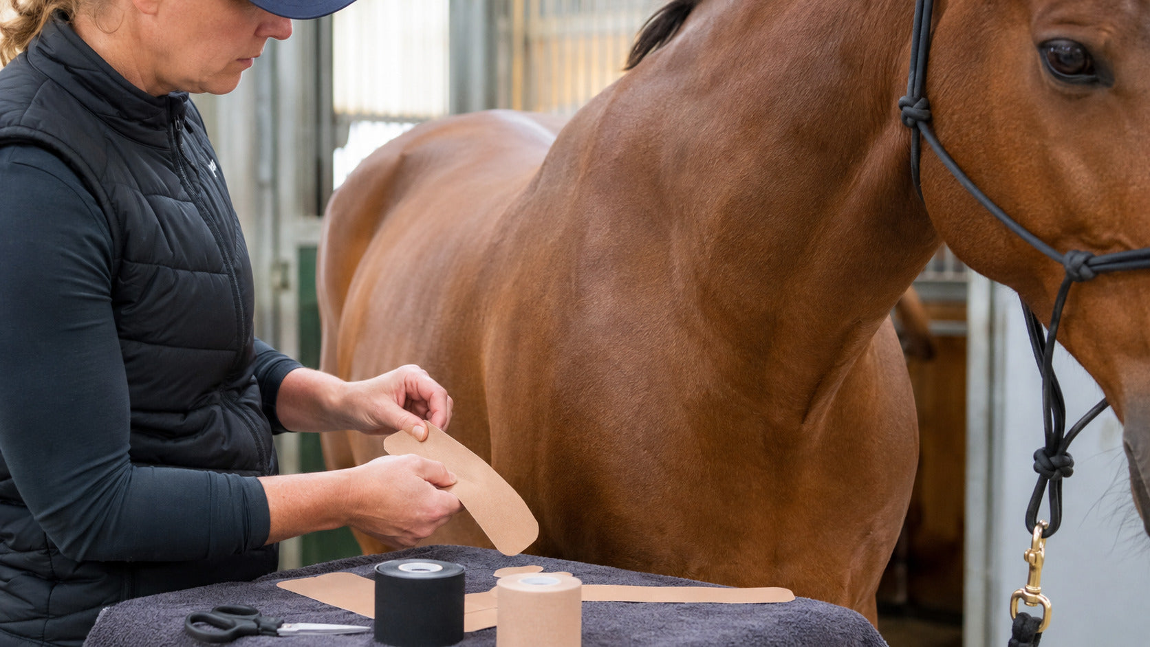 Equine professional preparing kinesiology tape beside a calm horse