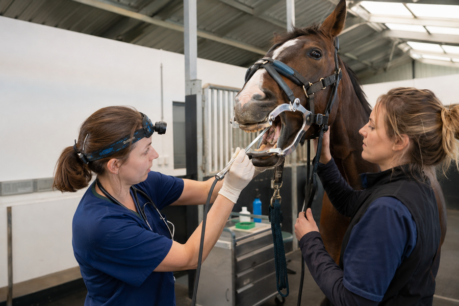 Equine veterinarian performing a careful oral dental examination