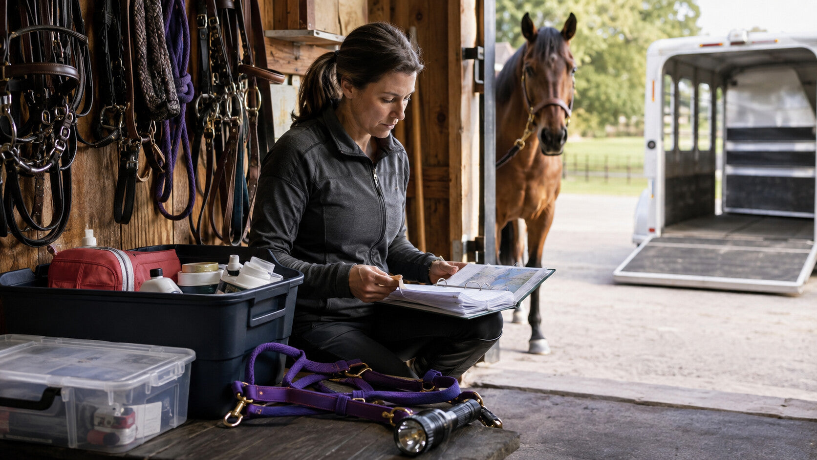 Horse owner reviewing emergency supplies beside a trailer