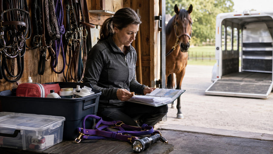 Horse owner reviewing emergency supplies beside a trailer