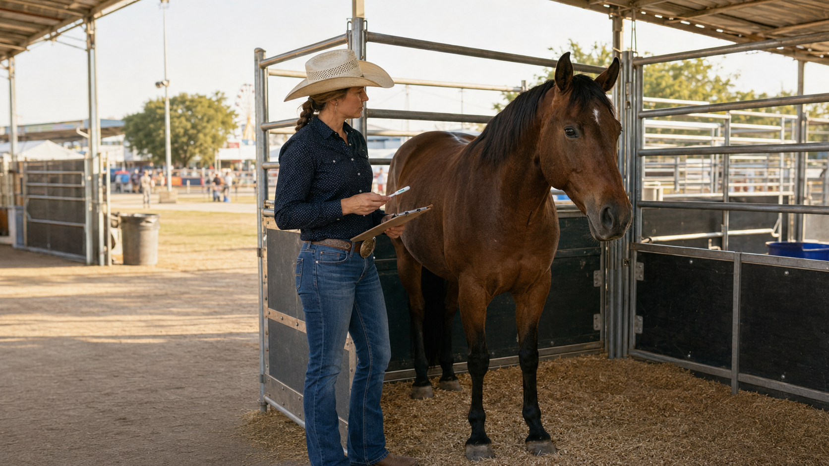 Horse owner monitoring a calm horse in a separate showground stall
