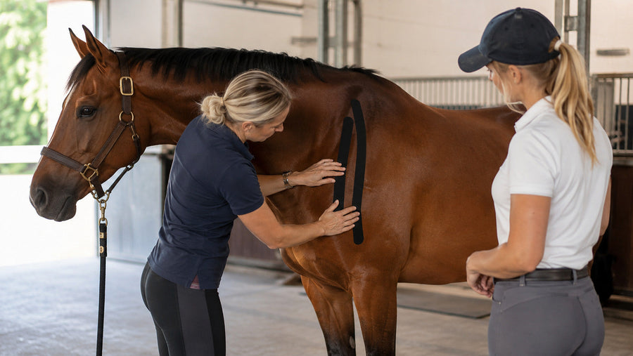 Qualified professional applying equine kinesiology tape while a rider observes