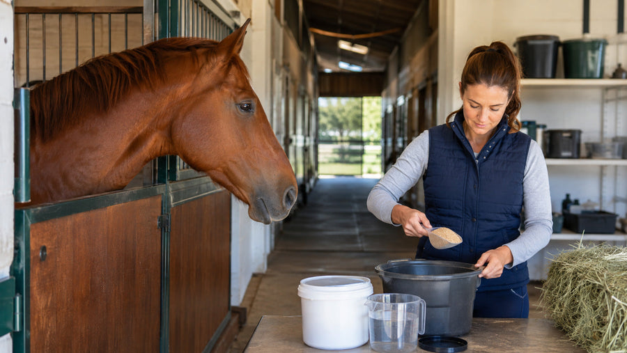 Caretaker measuring a feed supplement beside a horse