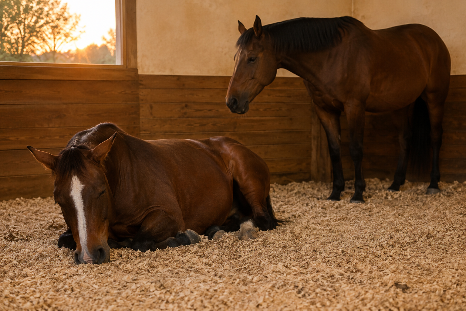 Horses resting safely in a clean stall during natural equine sleep