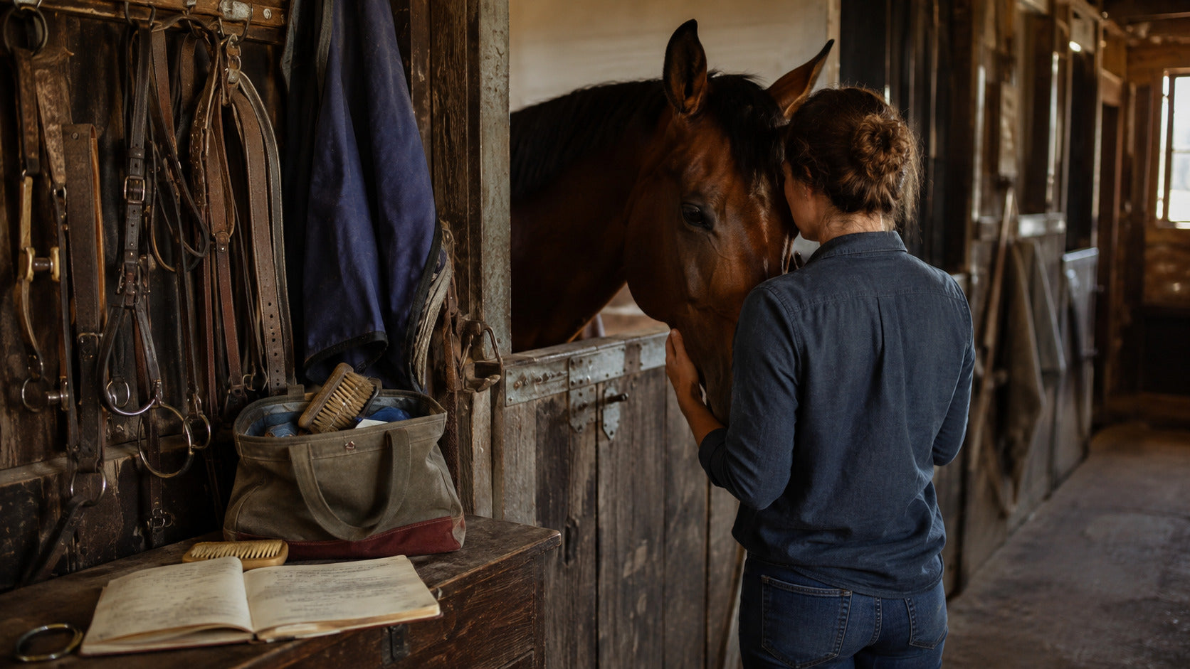 Horse owner sharing a quiet barn moment with a horse