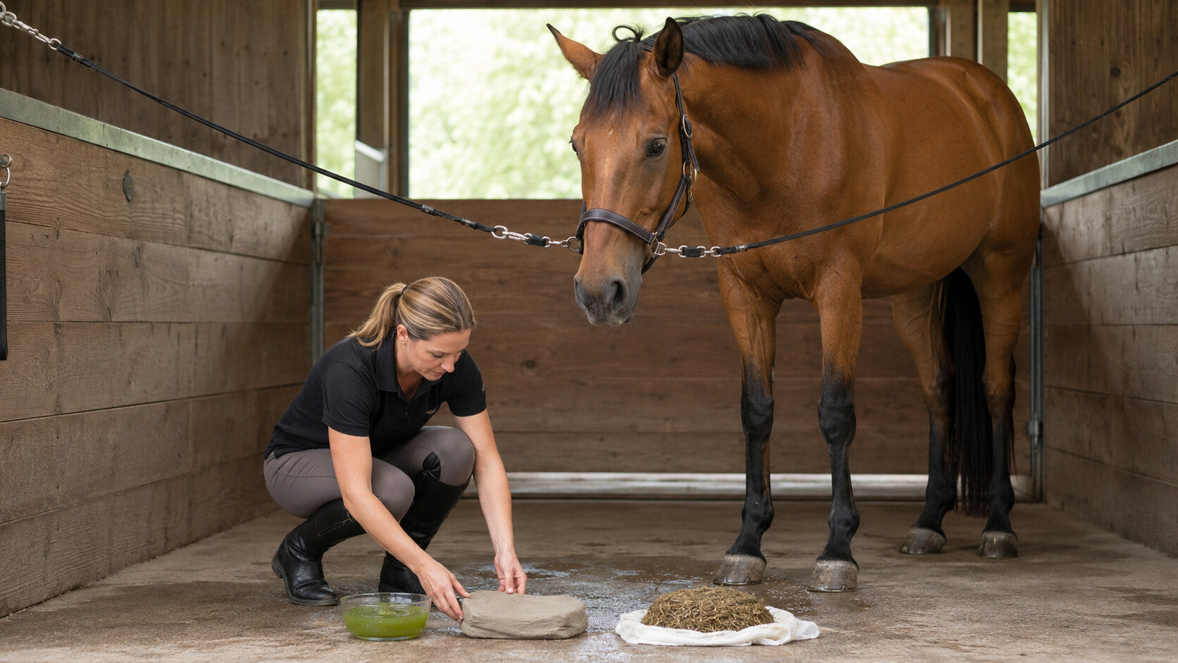 Horse owner comparing topical care tools at a clean wash rack
