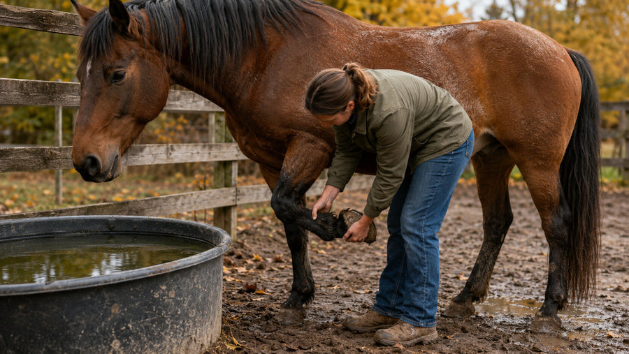 Horse owner checking a hoof beside a water trough in muddy fall conditions