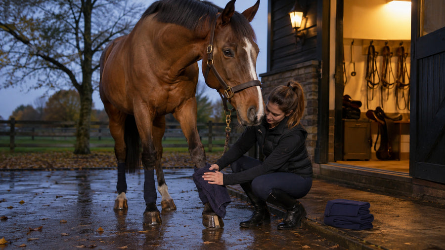 Rider checking and drying a horse's lower legs on an autumn evening