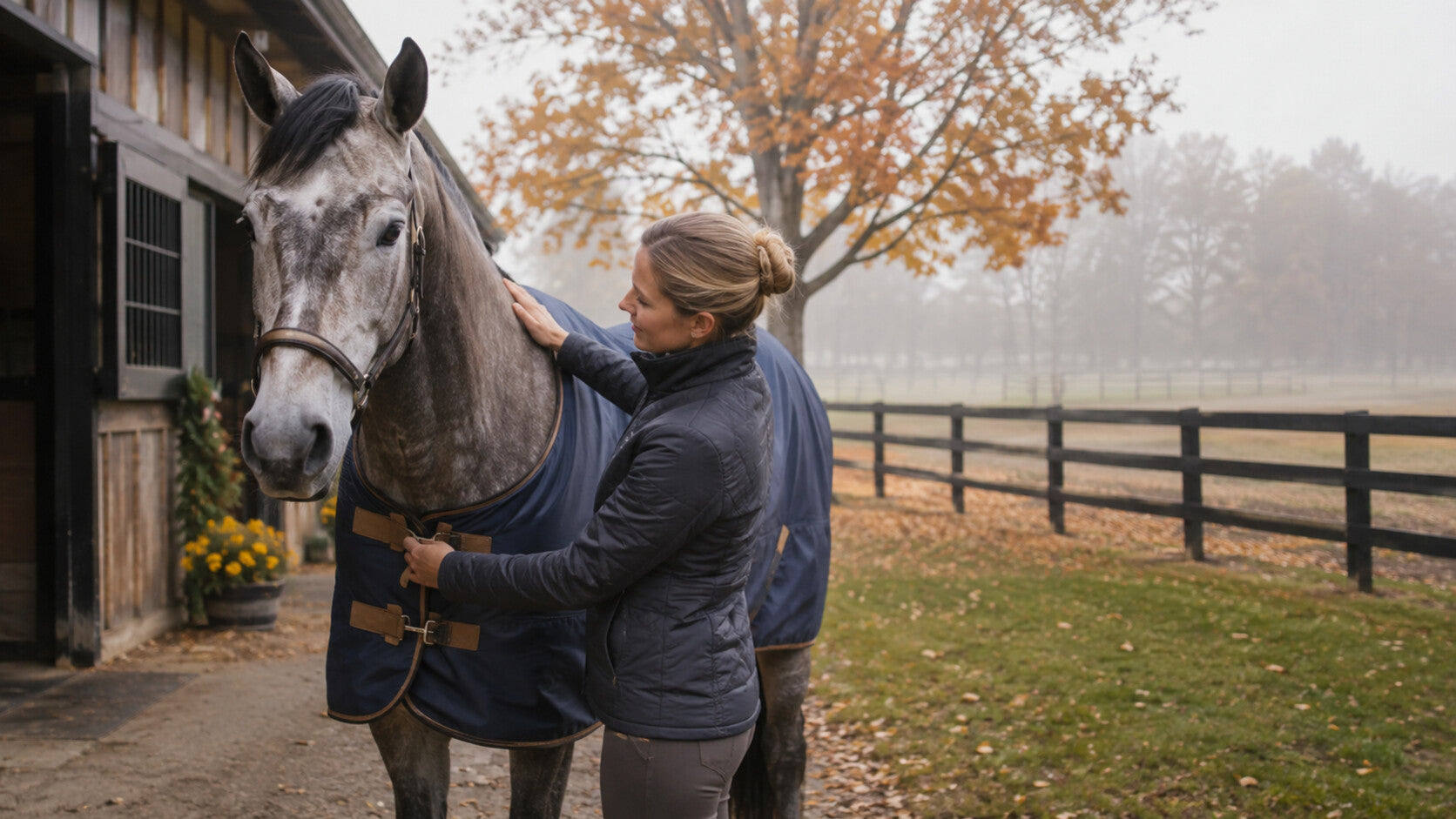 Horse owner checking blanket fit during the fall weather transition