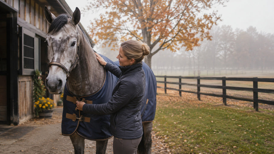 Horse owner checking blanket fit during the fall weather transition