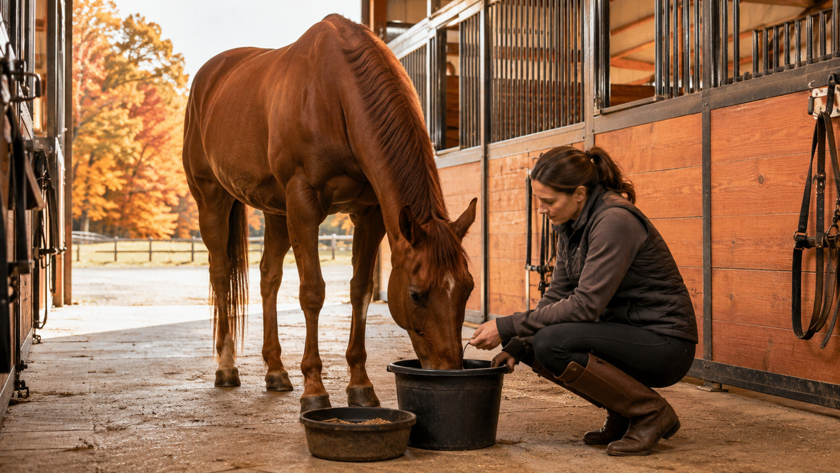 Horse drinking during an autumn barn hydration check