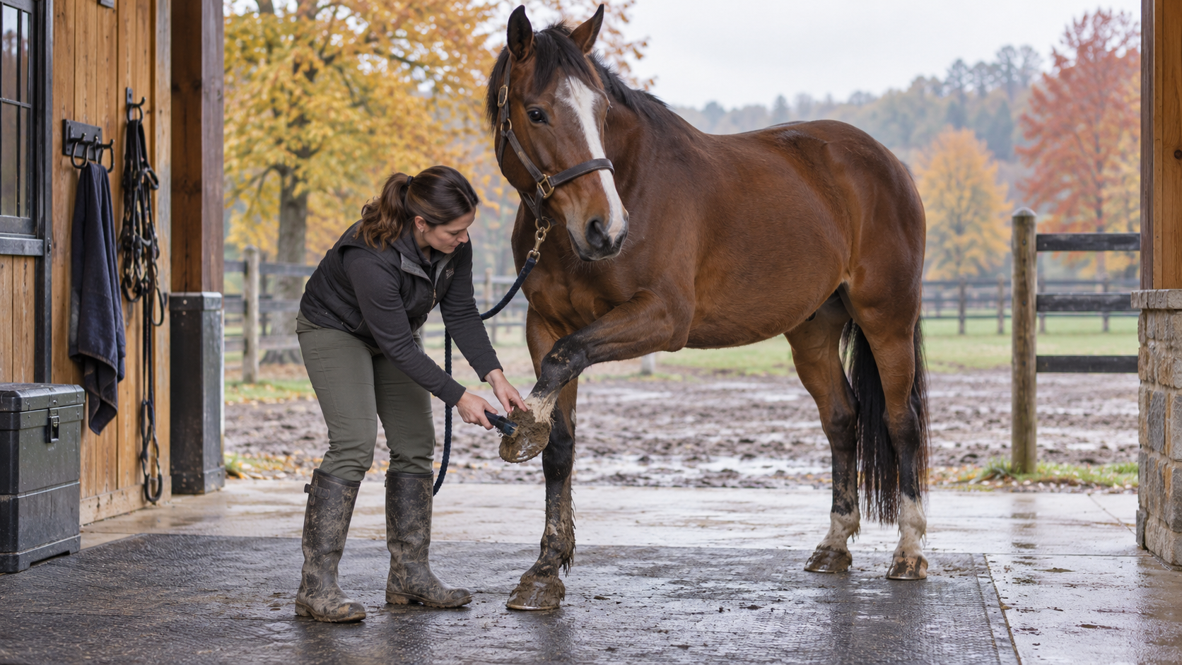 Horse owner cleaning a lifted hoof after muddy fall turnout.