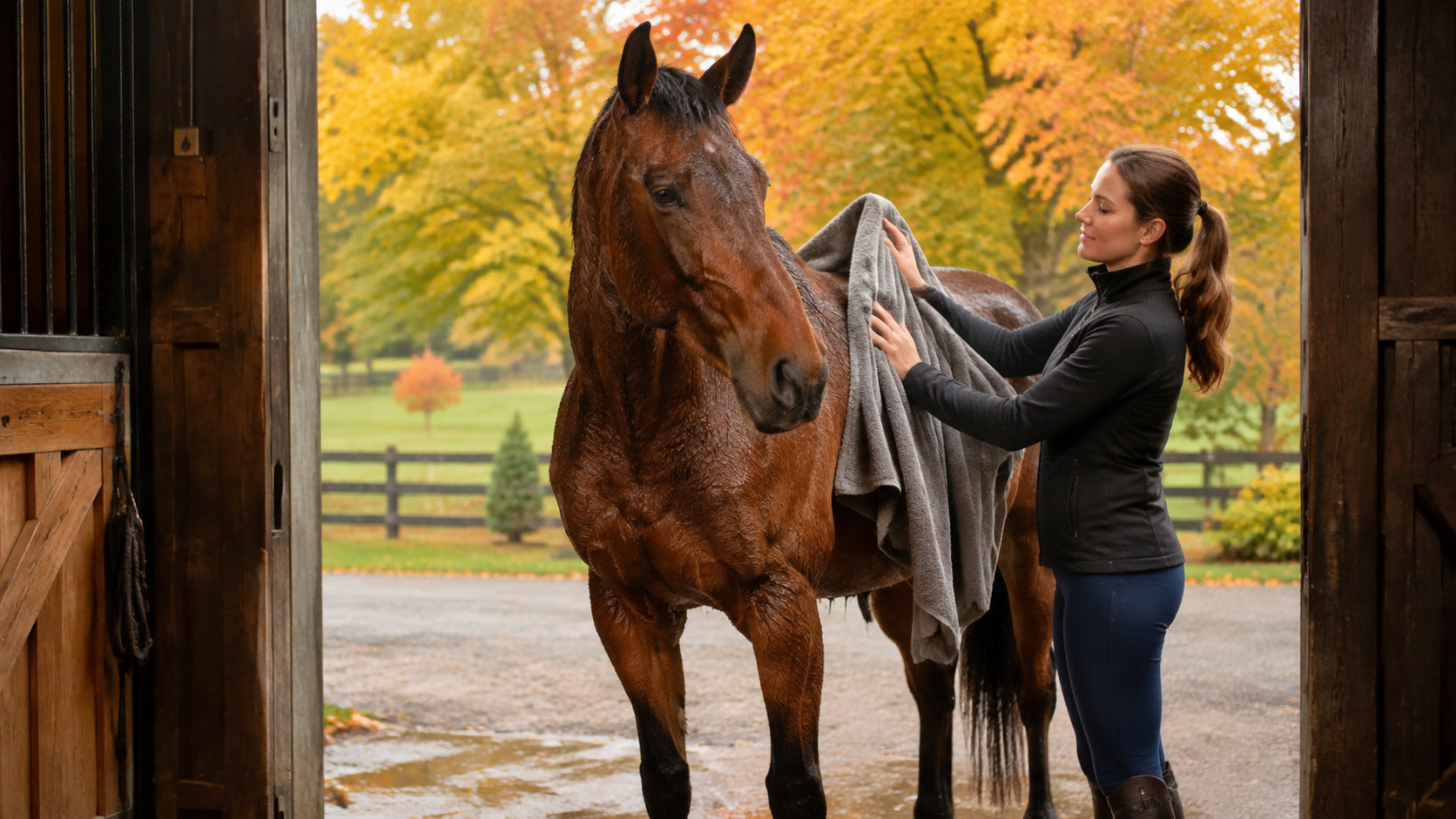 Rider towel-drying a horse with an early-fall coat