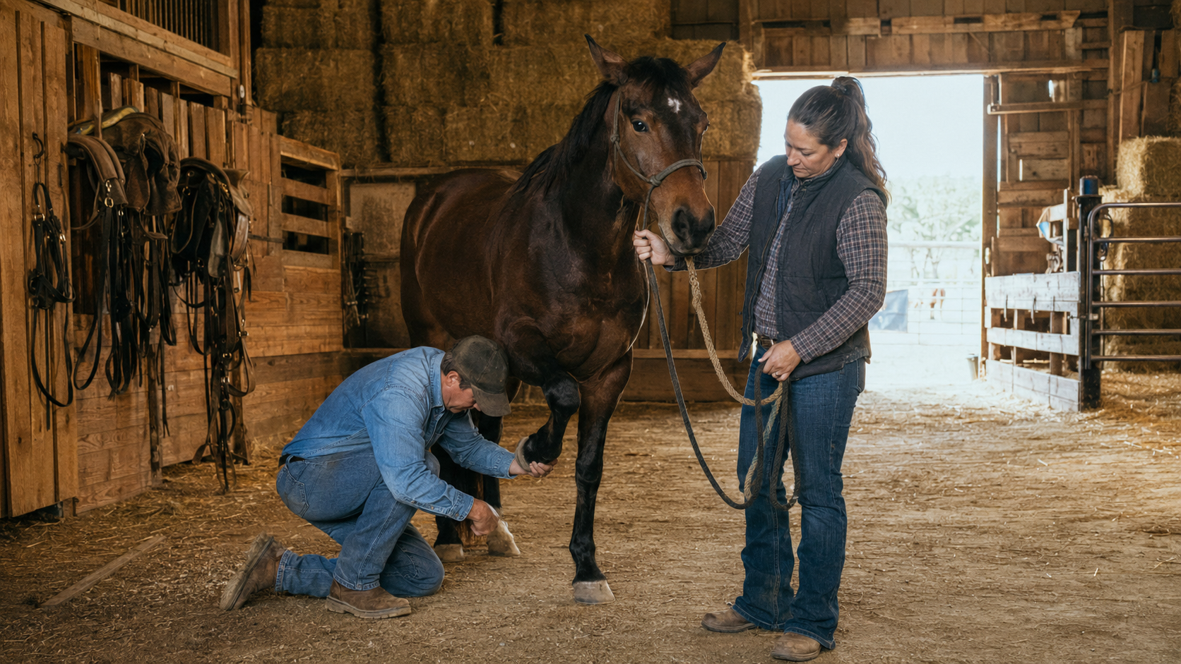 Family-owned barn team working together to check a horse