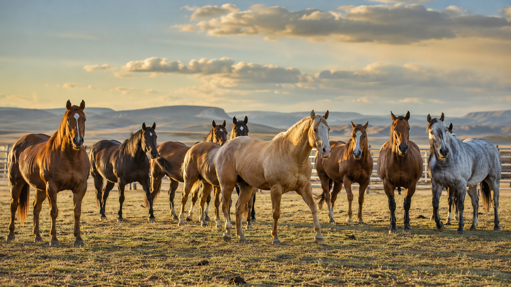 Group of classic American Quarter Horses on open rangeland