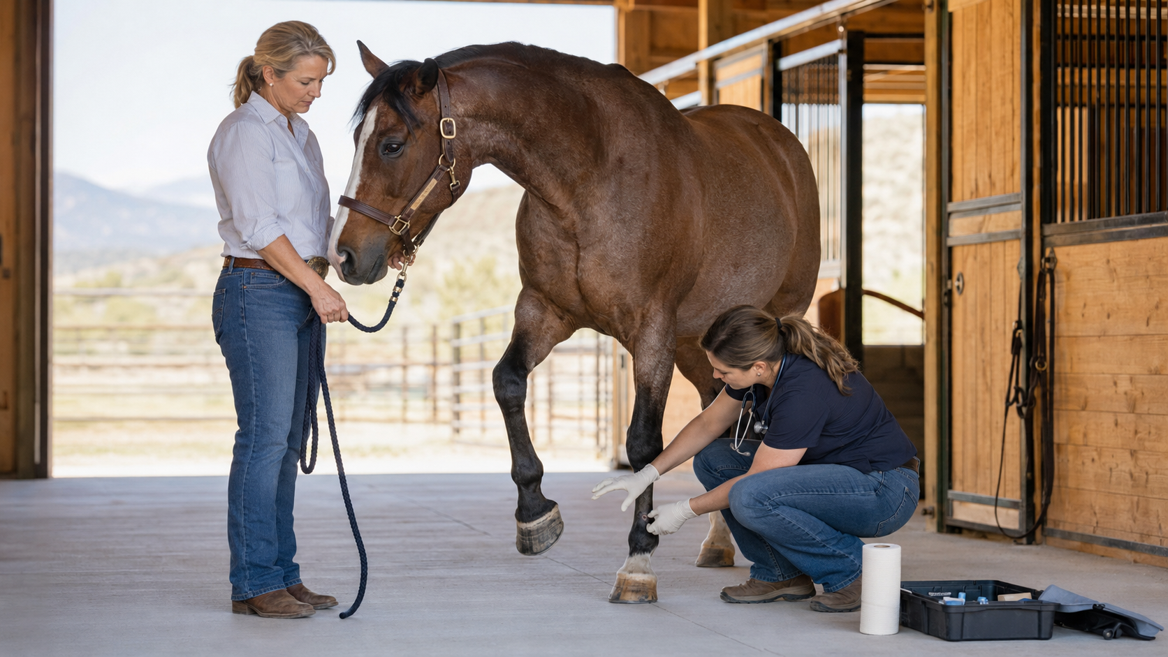 Equine veterinarian examining a horse's lower leg wound while the owner holds the horse