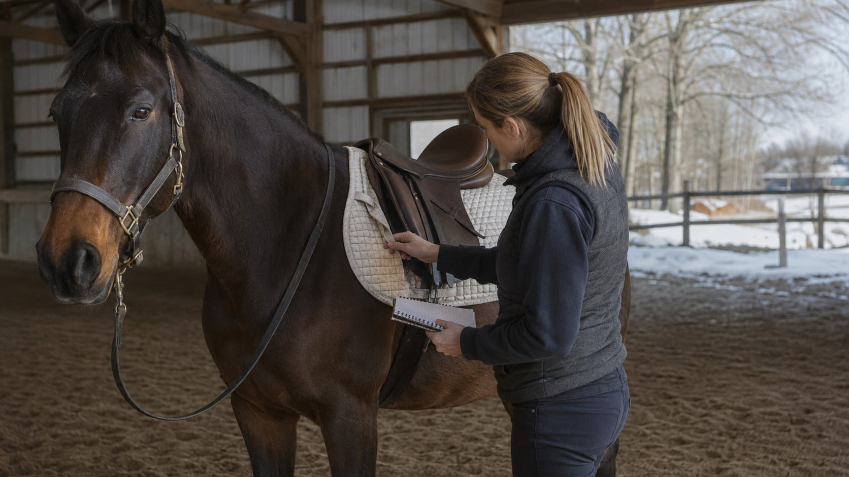 Horse owner reviewing tack footing and conditioning notes during a late-winter barn reset