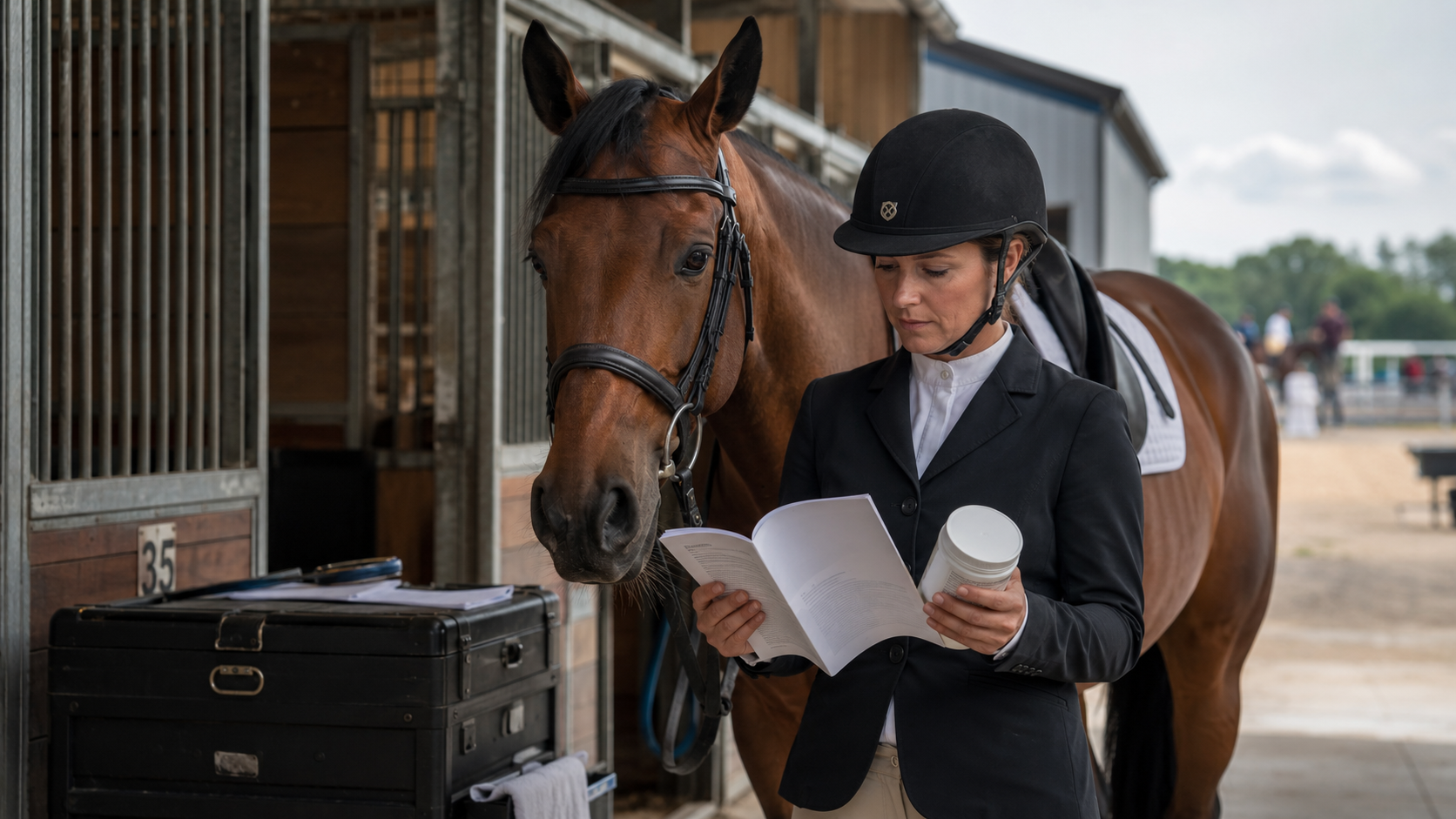 Equestrian competitor reviewing competition rules and a product label beside a horse