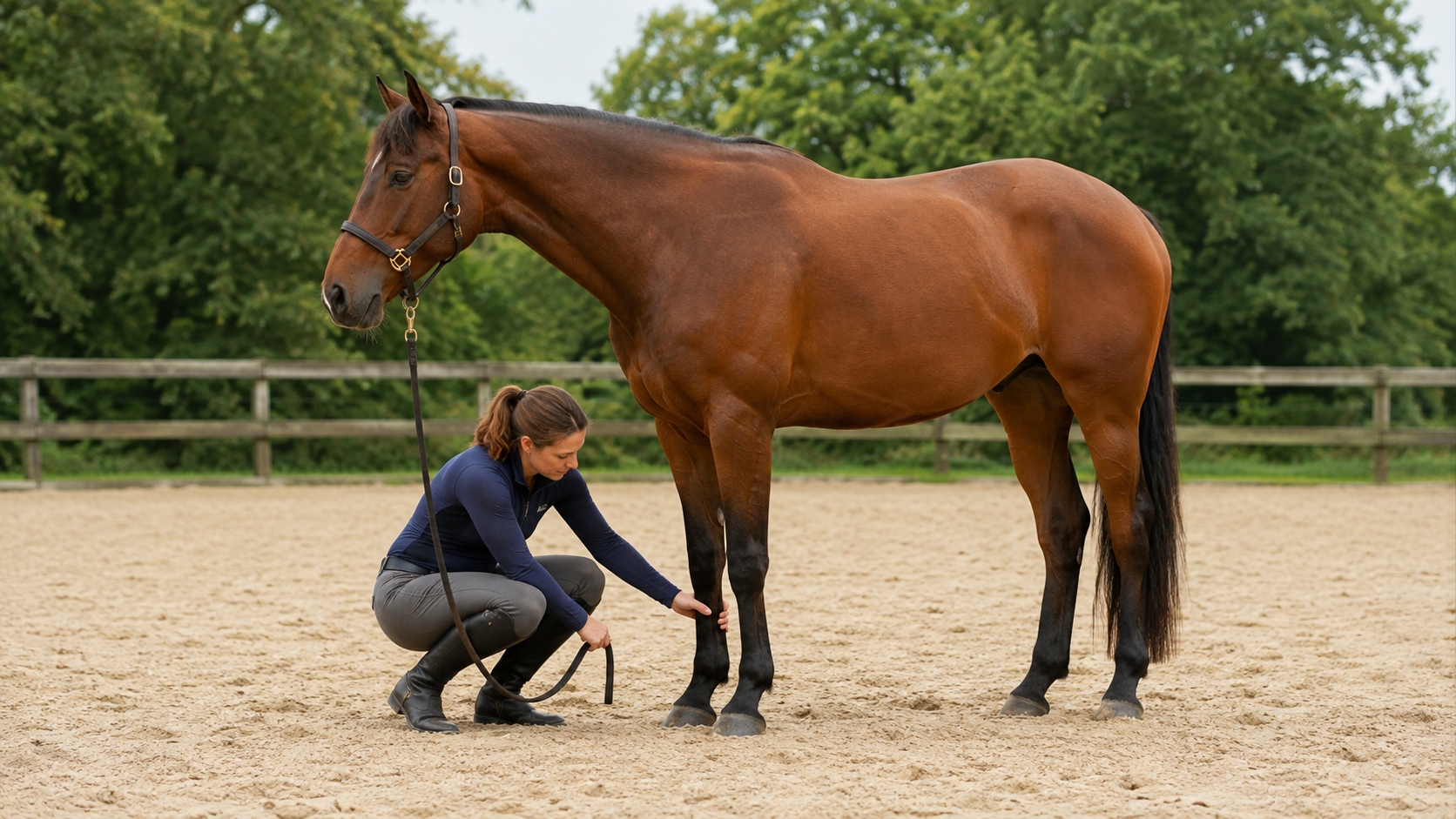 Rider checking a horse's lower legs after work on deep sandy footing