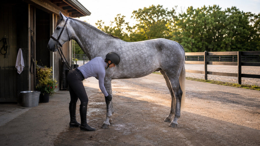 Rider completing a post-arena lower-leg check