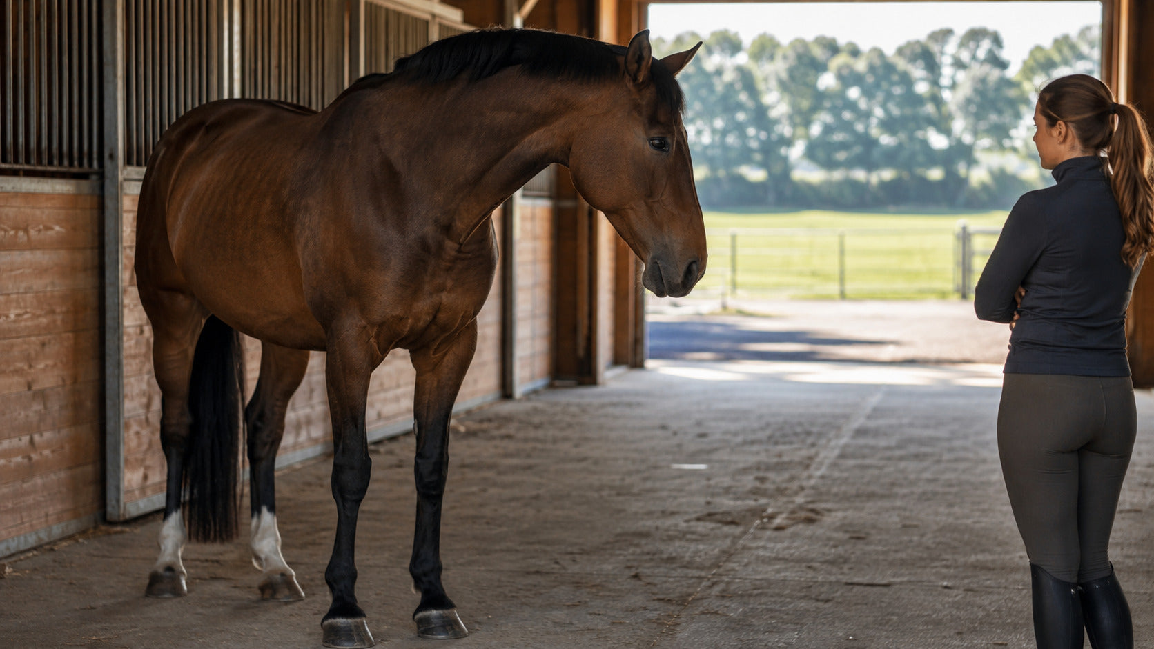 Rider quietly observing a horse posture and expression before work