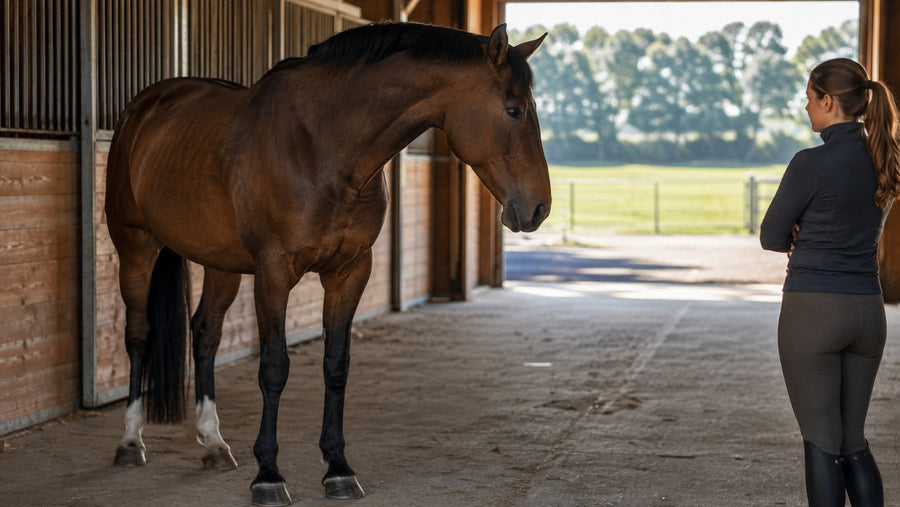 Rider quietly observing a horse posture and expression before work