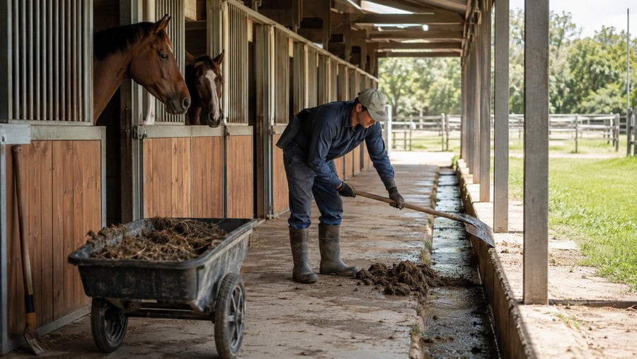 Barn worker removing manure and checking drainage near horse stalls